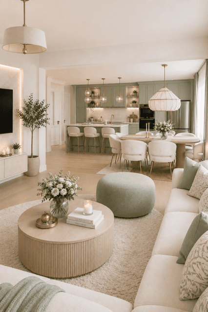  Bright open-plan home featuring a cozy cream living room, round wood coffee table, sage green kitchen cabinets, dining area, warm lighting, and timeless neutral home decor ideas.