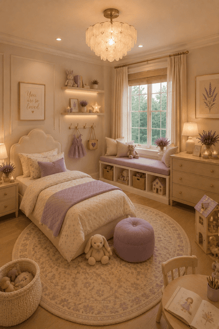Beautiful girls bedroom featuring lavender bedding, cozy window seat, soft cream furniture, plush toys, warm lighting, and elegant lavender home decor.