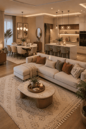Luxury open concept living room featuring a sectional sofa, marble coffee table, textured area rug, dining table with upholstered chairs, kitchen island with bar stools, pendant lights, wall art, console table, decorative mirrors, greenery, candles, and modern home decor accessories.