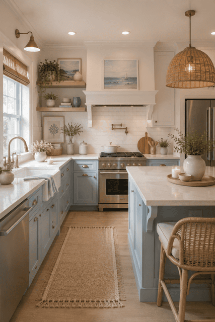 Elegant coastal kitchen featuring pastel blue cabinetry, white custom range hood, woven pendant light, brass fixtures, white island, and natural wood floating shelves.