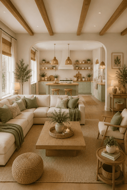 Open concept living room connected to a sage green kitchen with neutral furniture, wooden coffee table, indoor plants, and cozy sage green home decor ideas.