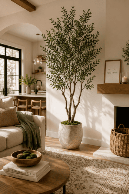 Cozy living room decorated with a large artificial olive tree, neutral furniture, wooden accents, and soft natural light featuring beautiful Amazon Home Decor Finds.