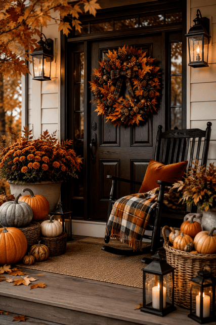 Cozy fall front porch with black door, autumn wreath, pumpkins, lanterns, plaid throw, and inviting fall home decor ideas.