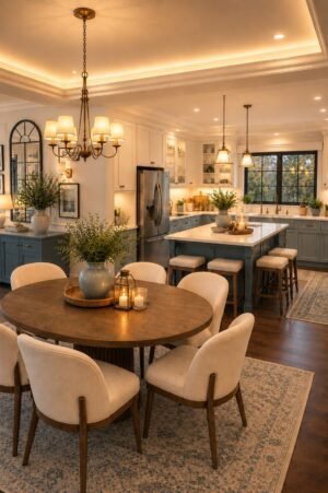 Warm American kitchen and dining room with round wood table, cream upholstered chairs, blue cabinetry, kitchen island, pendant lighting, chandelier, vintage-style rugs, greenery, and cozy layered decor.