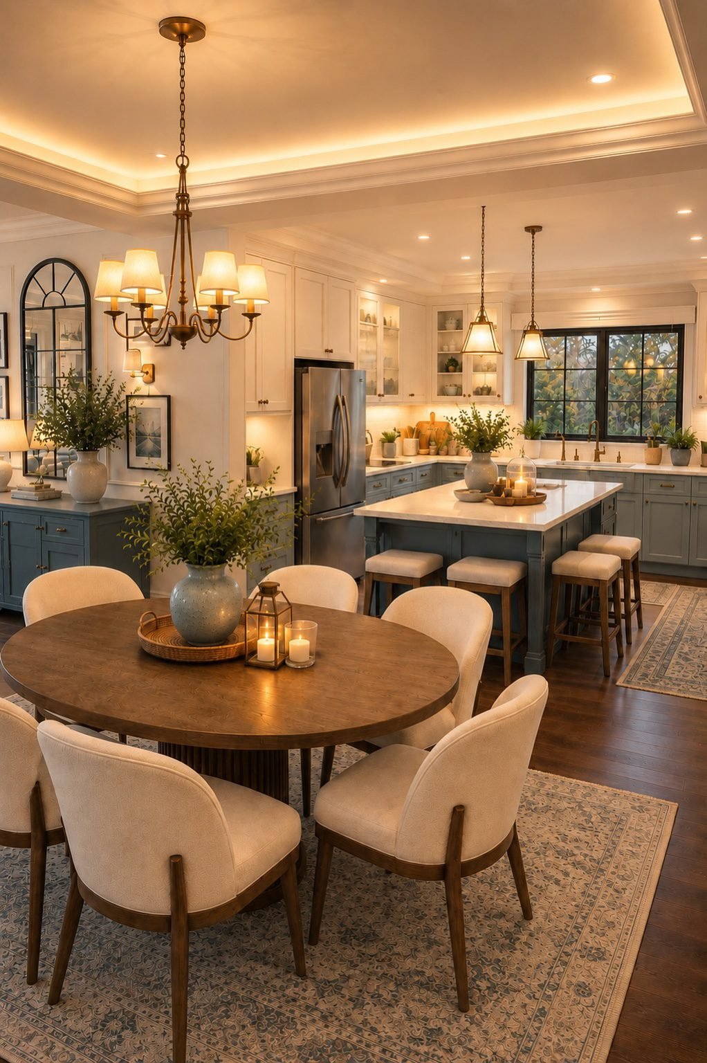 Warm American kitchen and dining room with round wood table, cream upholstered chairs, blue cabinetry, kitchen island, pendant lighting, chandelier, vintage-style rugs, greenery, and cozy layered decor.