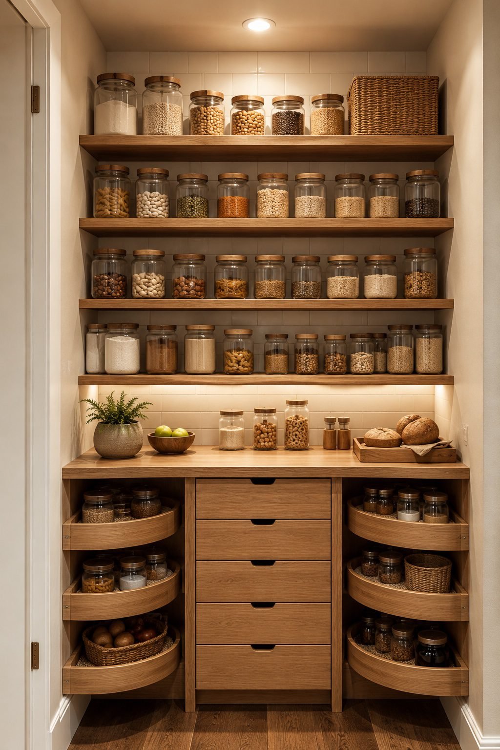 Warm American pantry organization featuring wooden shelves, clear glass storage jars, center drawers, curved pull-out trays, woven baskets, under-shelf lighting, and natural decor.