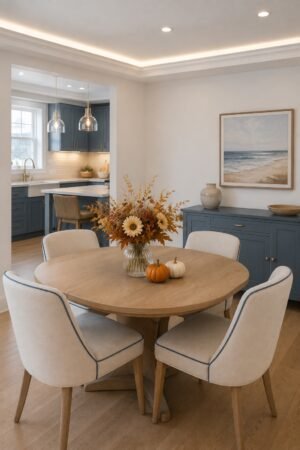 Coastal fall dining room featuring round wood table, upholstered chairs, blue sideboard, ocean artwork, autumn floral centerpiece, pumpkins, and warm ceiling lighting.