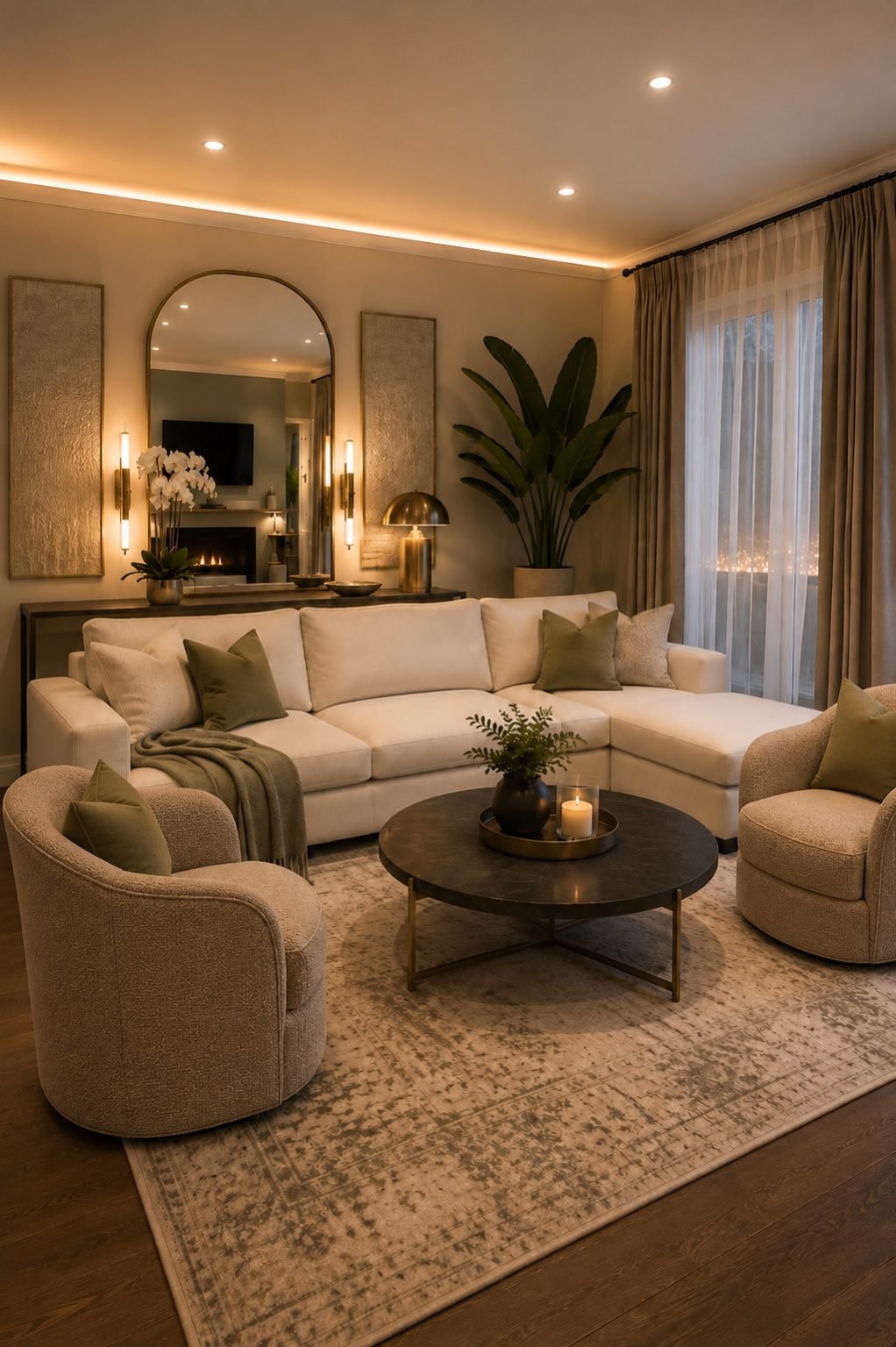 Cozy American living room with cream sectional sofa, bouclé swivel chairs, olive green pillows, round coffee table, neutral area rug, arched mirror, brass lighting, curtains and large indoor plant.