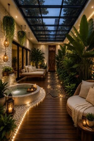 Luxury tropical courtyard with glass roof, round soaking pool, cascading waterfall, lush plants, wicker seating, hanging daybed, illuminated pathway, and warm lanterns.