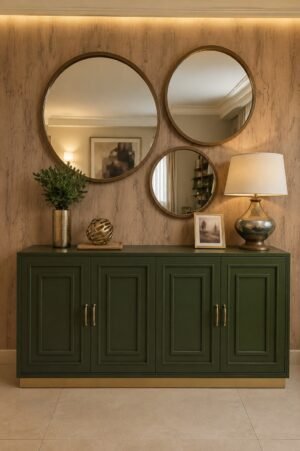 Elegant olive-green entryway console styled with three round brass mirrors, ceramic table lamp, gold vase, leafy branches, framed artwork, and sculptural decor.