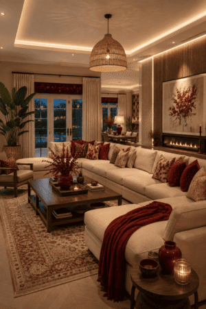 Warm American living room with a cream sectional sofa, burgundy accent pillows, wooden coffee table, vintage area rug, woven pendant light, fireplace, wall art, accent chair, and cozy living room decor.
