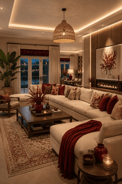 Warm American living room with a cream sectional sofa, burgundy accent pillows, wooden coffee table, vintage area rug, woven pendant light, fireplace, wall art, accent chair, and cozy living room decor.