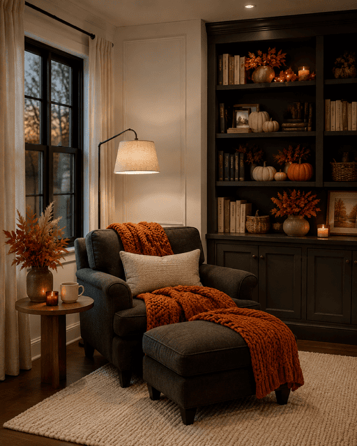 Moody library nook with charcoal armchair, orange chunky throw, dark built-ins, candles, and stylish fall home decor ideas.