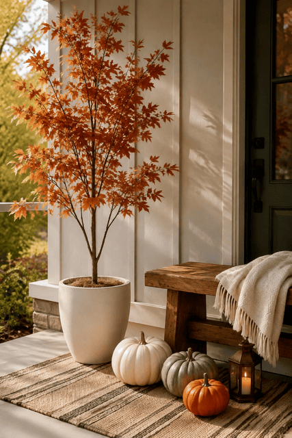 Natural fall porch with potted autumn tree, mixed pumpkins, rustic bench, lantern, and simple fall home decor ideas.