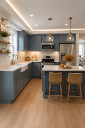 Modern blue coastal kitchen featuring Shaker cabinets, white countertops, brass hardware, farmhouse sink, stainless appliances, island, woven stools, and glass pendant lighting.