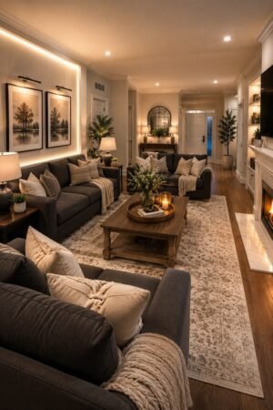 Cozy American living room with charcoal gray sofas, rustic wood coffee table, neutral area rug, cream throw pillows, warm table lamps, framed wall art, arched mirror and indoor greenery.