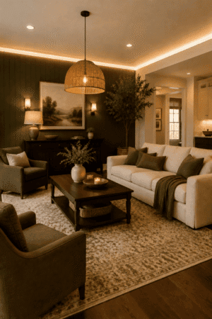 Elegant American living room featuring a cream sofa, olive accent wall, woven rattan pendant light, wood coffee table, accent chairs, console cabinet, table lamp, wall sconces, area rug, greenery, and modern farmhouse decor.