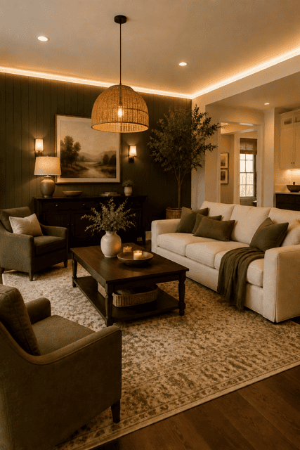 Elegant American living room featuring a cream sofa, olive accent wall, woven rattan pendant light, wood coffee table, accent chairs, console cabinet, table lamp, wall sconces, area rug, greenery, and modern farmhouse decor.