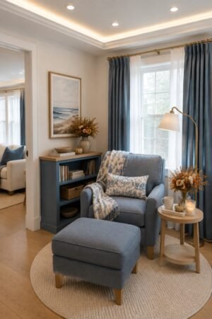 Coastal reading nook with blue armchair, matching ottoman, floral throw and pillow, round cream rug, wood side table, brass floor lamp, and bookcase.