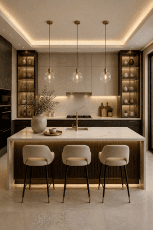 Unlock the complete look and create a luxurious modern American kitchen that makes every gathering feel a little more meaningful. This shoppable kitchen edit brings together a dramatic charcoal cabinet system, waterfall white quartz island, fluted wood detailing, sculptural ivory counter stools, and clear glass pendant lights. A sleek brass faucet, built-in black appliances, illuminated display cabinets, ceramic vessels, wooden cutting boards, and natural greenery add warmth and refined personality. Hidden island lighting and soft ceiling illumination wrap the space in a calming golden glow, creating the perfect setting for peaceful morning coffee, joyful family dinners, and late-night conversations. Explore every linked product in this designer kitchen collection and transform your everyday cooking space into an elegant, welcoming heart of the home that feels beautifully curated and truly yours.
