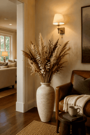 Large neutral ceramic floor vase with dried pampas grass arrangement and modern wall sconce in a cozy American living room corner.