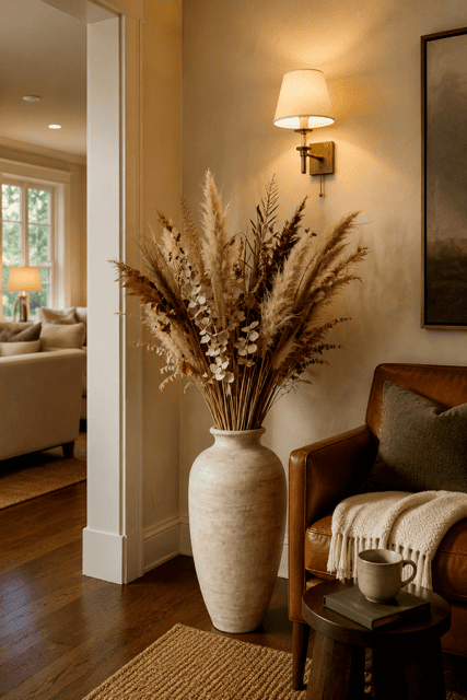 Large neutral ceramic floor vase with dried pampas grass arrangement and modern wall sconce in a cozy American living room corner.