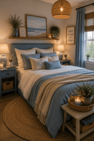 Coastal blue bedroom decor with dusty blue bedding, warm neutral accents, natural wood furniture, woven textures and layered bedroom styling inspiration.