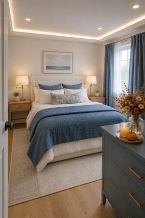 Refined coastal bedroom featuring ivory upholstered bed, quilted blue bedding, botanical pillows, wood nightstands, brass lamps, blue curtains, ocean art, and seasonal flowers.