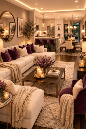 Warm plum open concept decor with ivory sofas, plum pillows and chairs, kitchen island, dining area, warm wood flooring, neutral rugs, and cozy lighting.