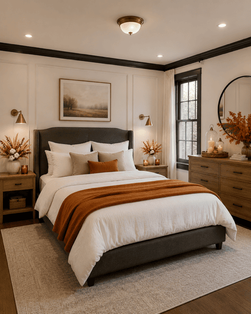 Elegant bedroom styled with white bedding, rust throw, dark upholstered bed, candles, and refined fall home decor ideas.