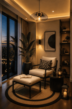 Cozy modern reading nook with beige accent chair and ottoman, round woven rug, black side table, lantern candles, wall art, indoor plant, open shelving, and warm ambient lighting by a large window.