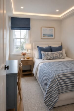 Small coastal bedroom with ivory upholstered bed, blue striped bedding, wood nightstand, brass lamp, blue Roman shade, ocean artwork, desk, and neutral rug.