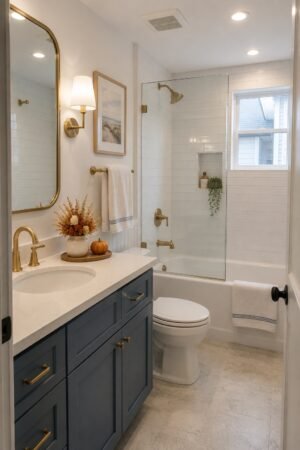 Bright coastal bathroom featuring blue vanity, white countertop, brass fixtures, gold mirror, glass shower screen, subway tile, striped towels, and seasonal floral decor.