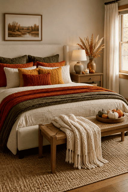 Cozy fall bedroom with cream bedding, rust and olive pillows, chunky knit throws, pumpkins, and warm wood accents.