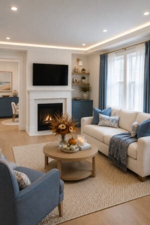 Elegant coastal living room with ivory sofa, blue accent chair, round wood coffee table, cream rug, fireplace, blue curtains, and seasonal decor.