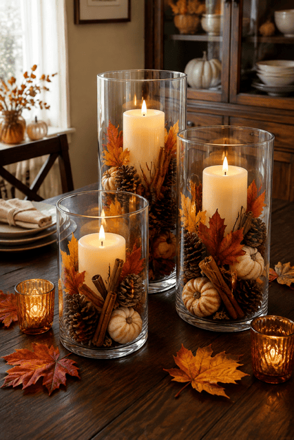 Fall candle centerpiece with glass hurricane vases, pillar candles, pinecones, cinnamon sticks, pumpkins, and colorful autumn leaves.