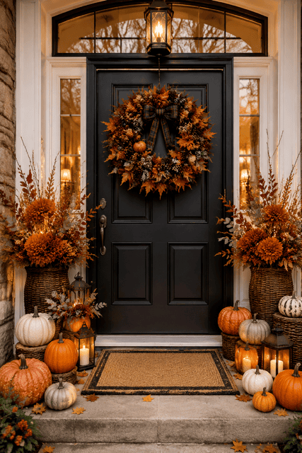 Black front door decorated with autumn wreath, pumpkins, lanterns, fall florals, and welcoming fall home decor ideas.