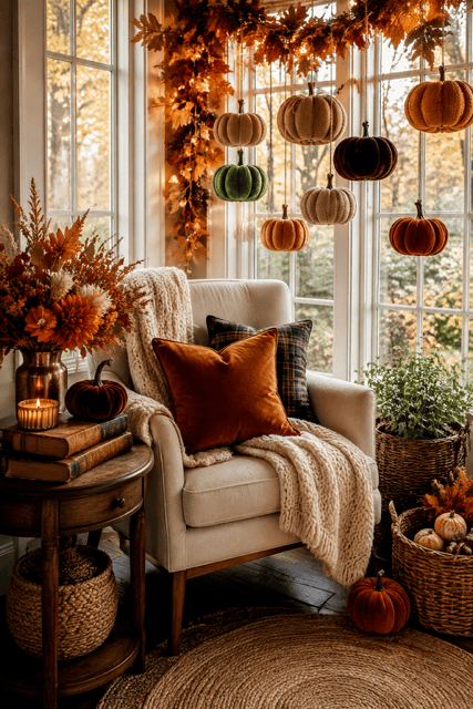 Cozy window corner with cream chair, rust pillows, knit throw, hanging pumpkins, autumn flowers, and warm fall home decor ideas.