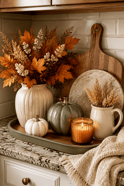 Warm kitchen counter tray with ceramic pumpkins, autumn leaves, candle, neutral vase, and cozy fall home decor ideas.
