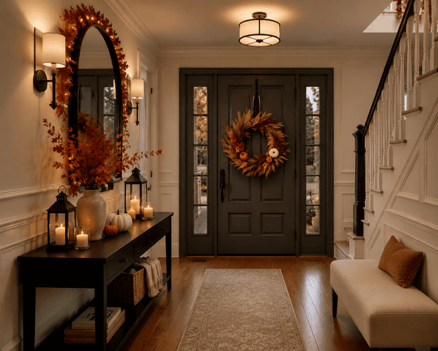 Fall entryway with black front door, seasonal wreath, console table, orange foliage, pumpkins, and glowing lanterns.