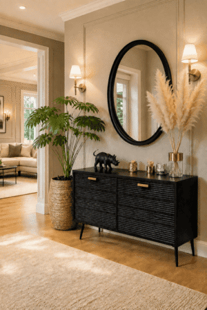 Modern American entryway featuring a black fluted storage cabinet, oversized round mirror, brass wall sconces, pampas grass, indoor plant, and luxury foyer decor.