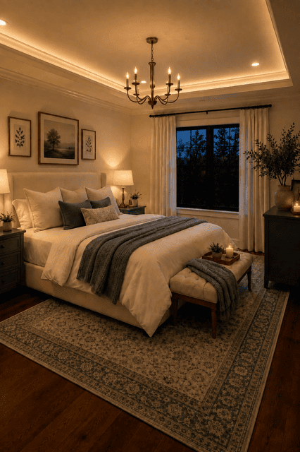 Cozy American bedroom with cream upholstered bed, white bedding, dusty blue throw, tufted bench, blue vintage rug, dark wood furniture, warm lamps, chandelier, curtains, framed art, and elegant neutral decor.