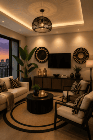 Warm modern living room with beige seating, black accent chairs, round coffee table, jute rug, dark wood TV console, woven pendant light, statement wall decor, indoor plant, and cozy ambient lighting.