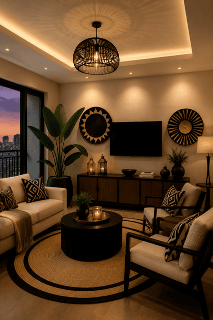 Warm modern living room with beige seating, black accent chairs, round coffee table, jute rug, dark wood TV console, woven pendant light, statement wall decor, indoor plant, and cozy ambient lighting.