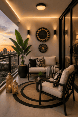 Cozy modern balcony with black-framed beige outdoor chairs, geometric pillows, round woven rug, small coffee table, large potted plant, decorative lanterns, wall decor, and warm evening lighting.