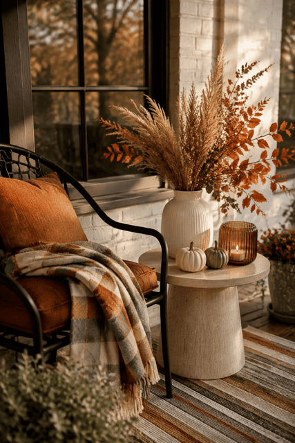 Cozy fall porch chair with rust cushion, plaid throw, candle, dried branches, pumpkins, and simple fall home decor ideas.