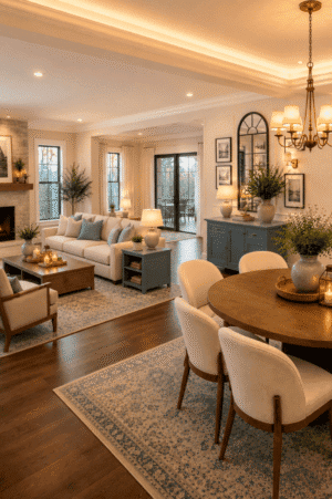 Cozy American open-concept living and dining room featuring a round wood dining table, cream chairs, white sofa, blue rugs, wood coffee table, blue console, chandelier, warm lamps, greenery, and neutral home decor.