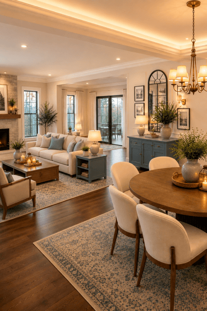 Cozy American open-concept living and dining room featuring a round wood dining table, cream chairs, white sofa, blue rugs, wood coffee table, blue console, chandelier, warm lamps, greenery, and neutral home decor.