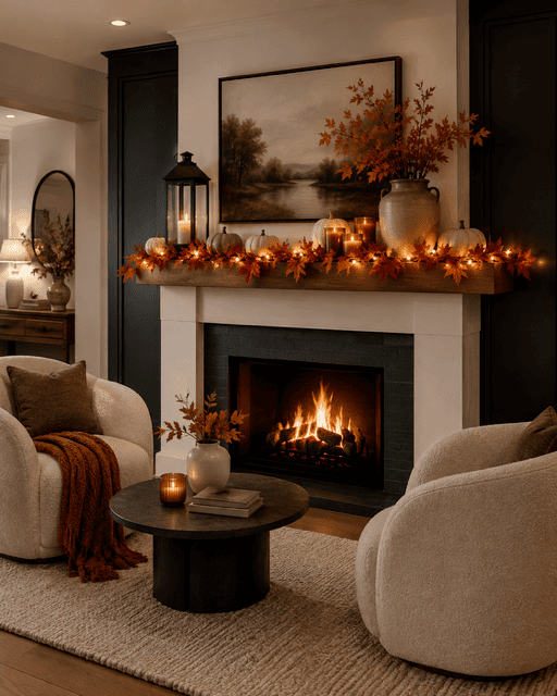 Warm fireplace mantel decorated with fall garland, candles, pumpkins, autumn leaves, and cozy fall home decor ideas.