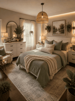 Sage green bedroom featuring a white bed frame, comforter set, woven pendant light, table lamps, round mirror, dresser, nightstands, area rug, wall sconces, botanical wall art, and cozy American bedroom decor.